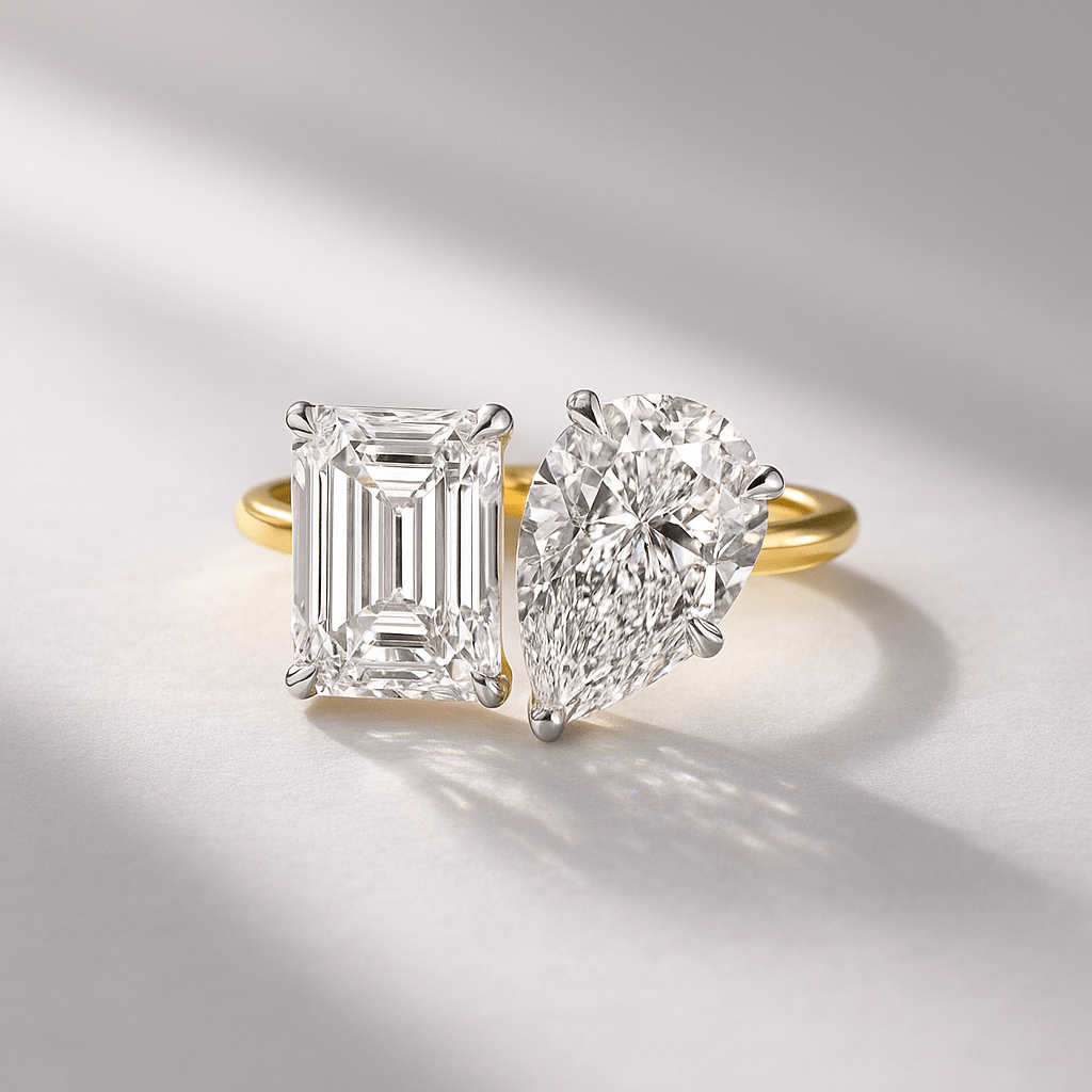 6 Carat Two Tone Pear & Emerald Toi Et Moi Engagement Ring