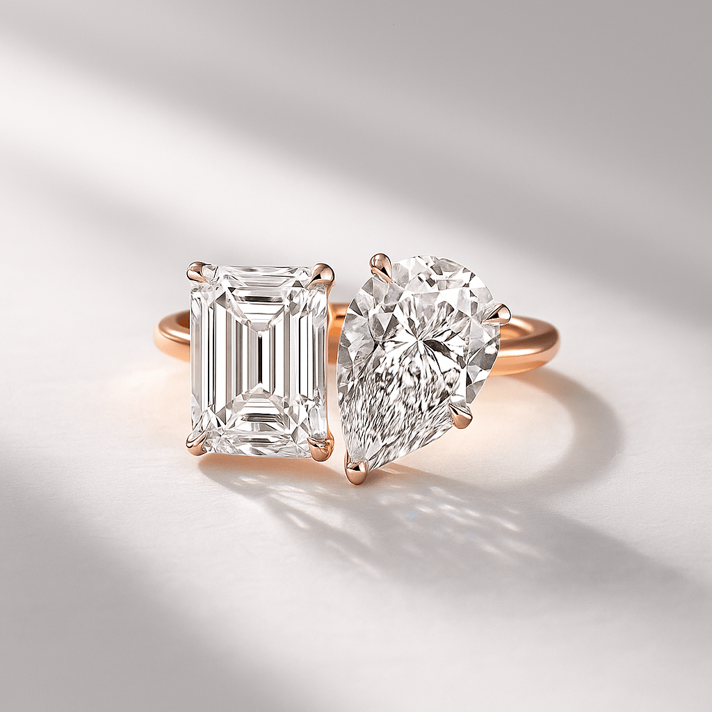 6 Carat Two Tone Pear & Emerald Toi Et Moi Engagement Ring