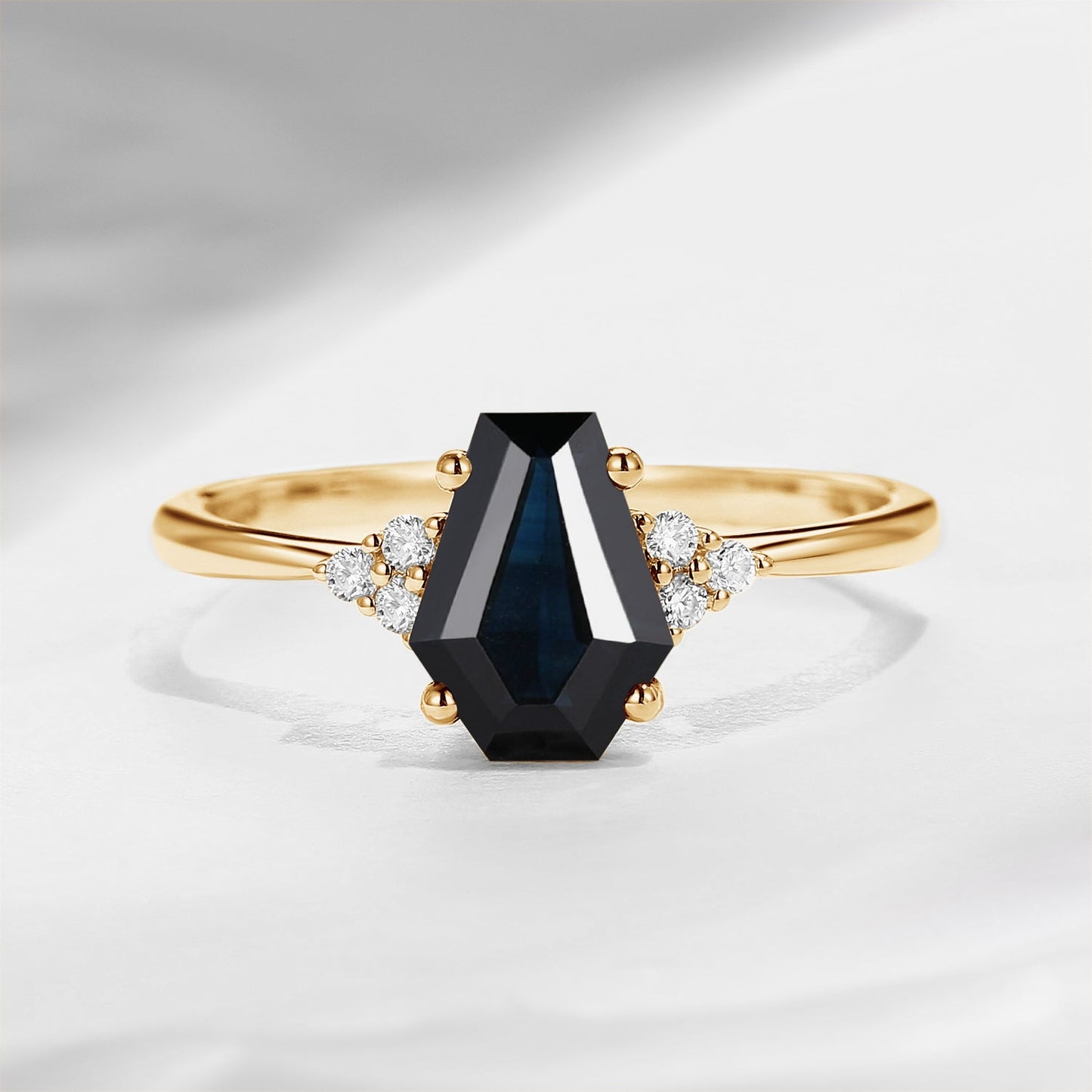 Classic Coffin Shaped Natural Black Sapphire Engagement Ring