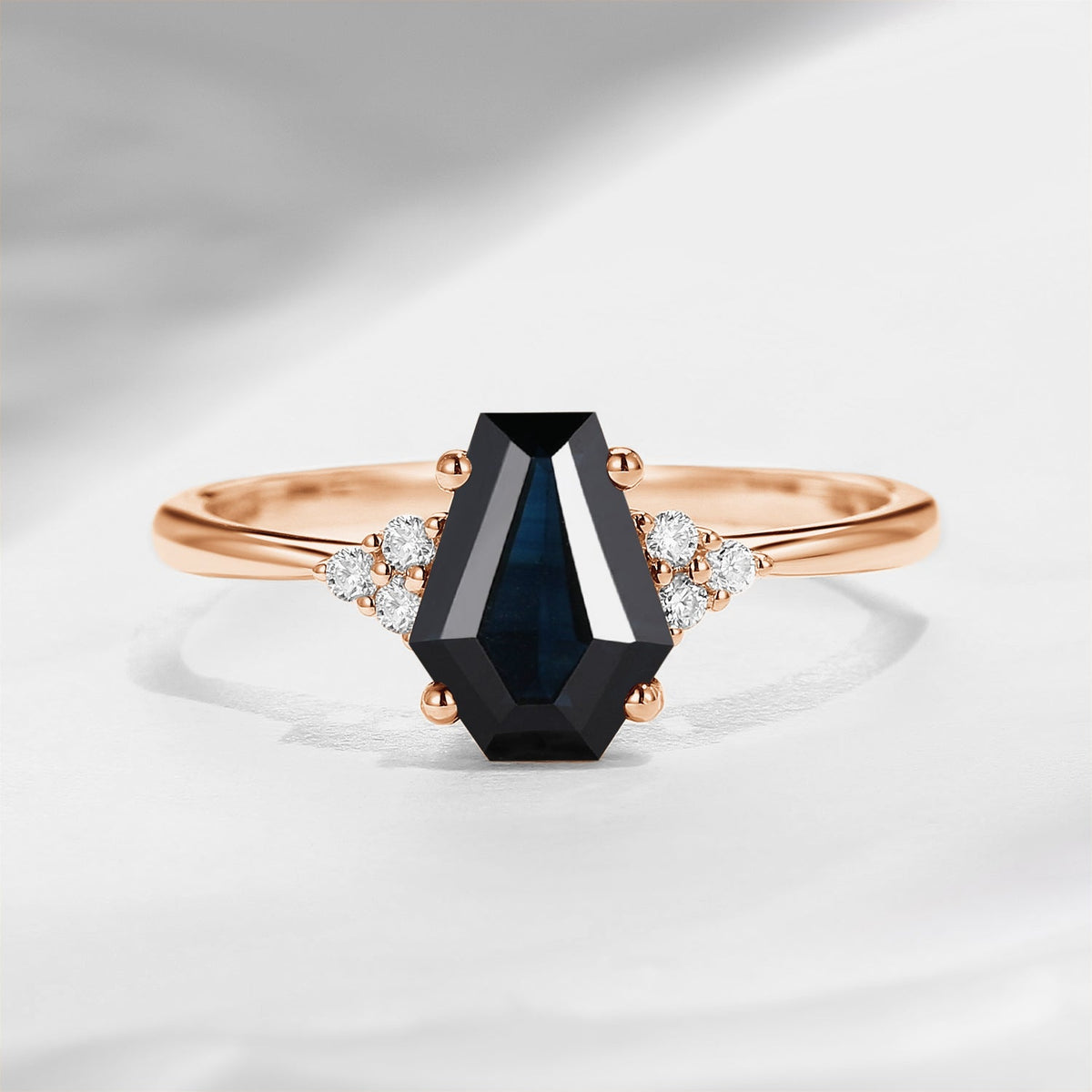 Classic Coffin Shaped Natural Black Sapphire Engagement Ring