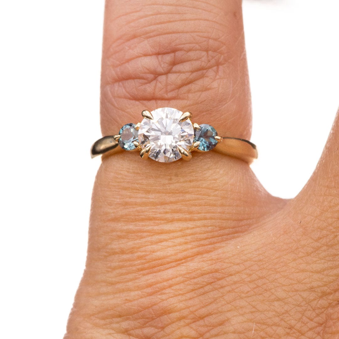 Tracy - Three Stone Diamond Prong Set Engagement Ring with Alexandrite Side Stones