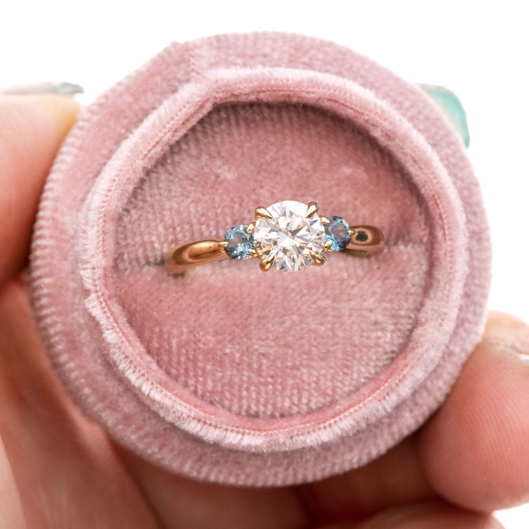 Tracy - Three Stone Diamond Prong Set Engagement Ring with Alexandrite Side Stones