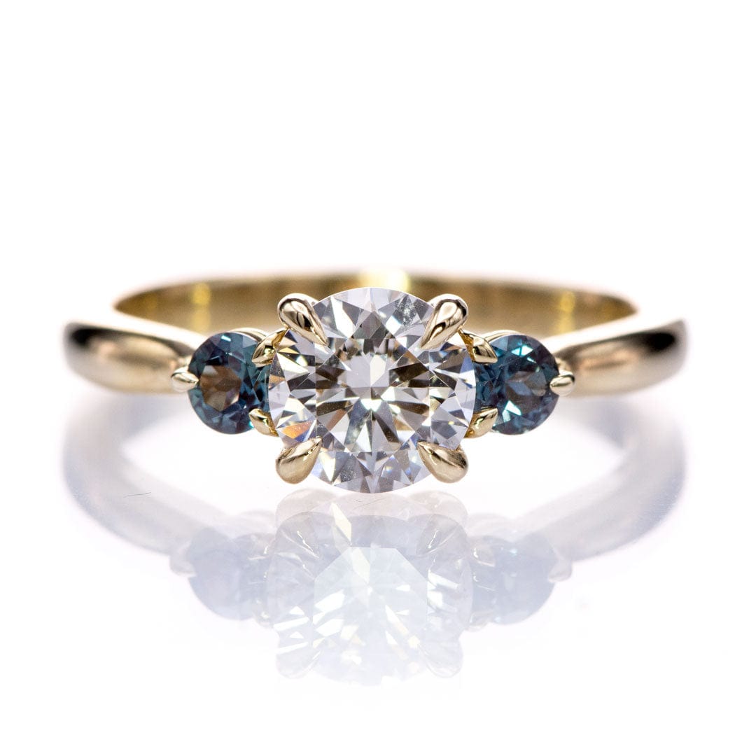 Tracy - Three Stone Diamond Prong Set Engagement Ring with Alexandrite Side Stones