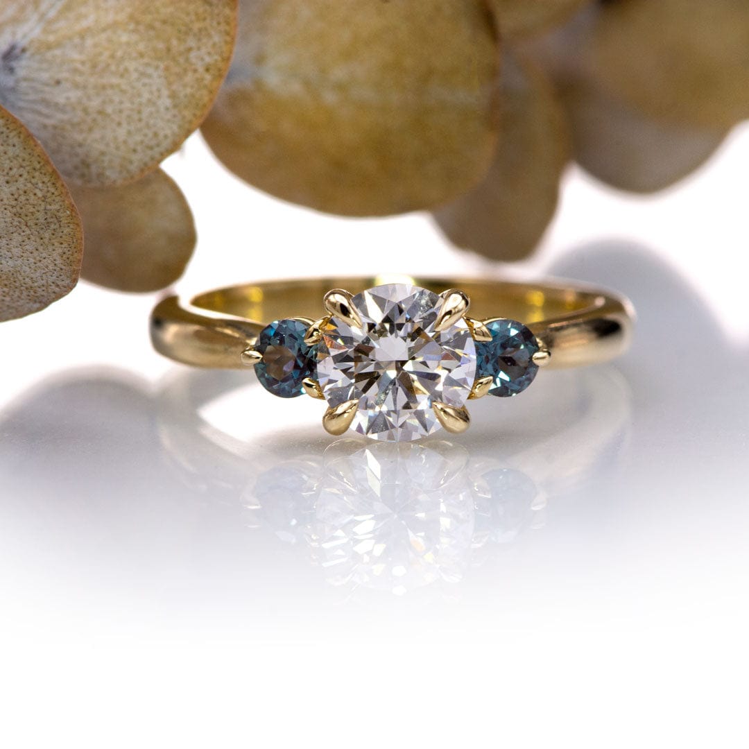 Tracy - Three Stone Diamond Prong Set Engagement Ring with Alexandrite Side Stones