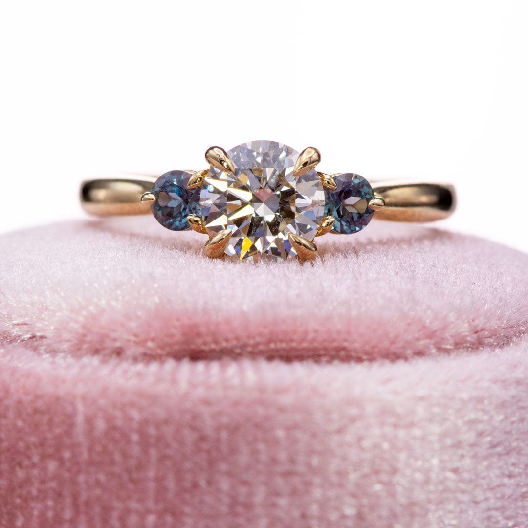 Tracy - Three Stone Diamond Prong Set Engagement Ring with Alexandrite Side Stones