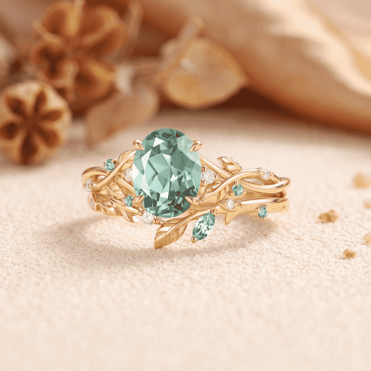 Oval Cut Lab Green Sapphire Leaf Vintage Engagement Ring Sets - Prism
