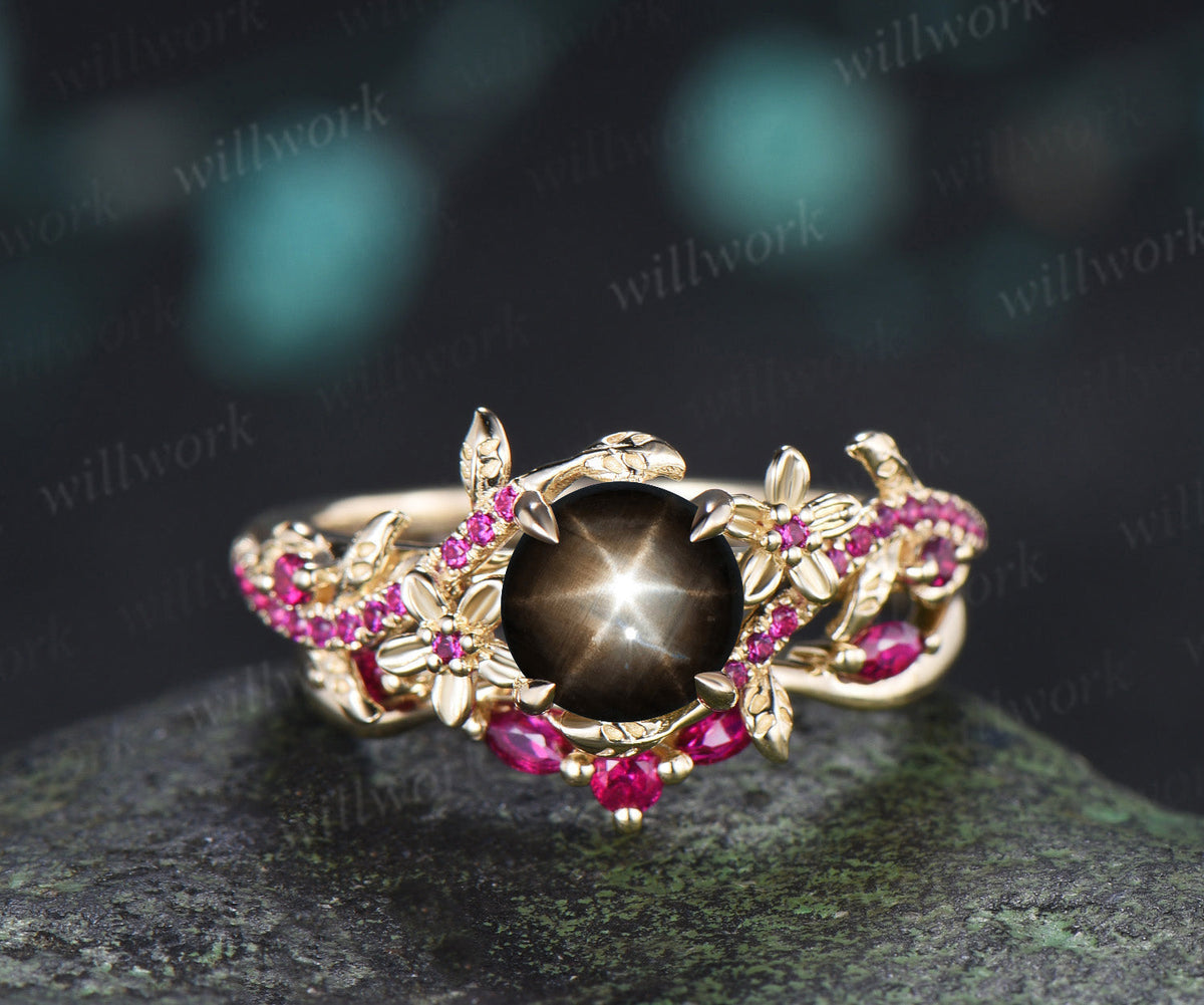 Round Black Star Sapphire Leaf Floral Engagement Ring SetRuby Half Eternity Ring Matching Band Nature Inspired Bridal Set