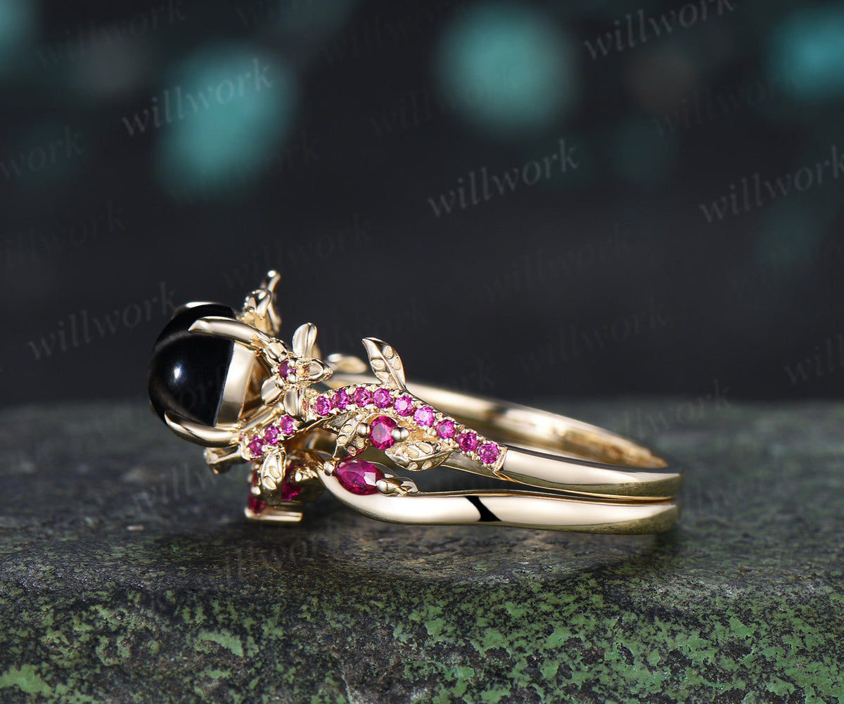 Round Black Star Sapphire Leaf Floral Engagement Ring SetRuby Half Eternity Ring Matching Band Nature Inspired Bridal Set