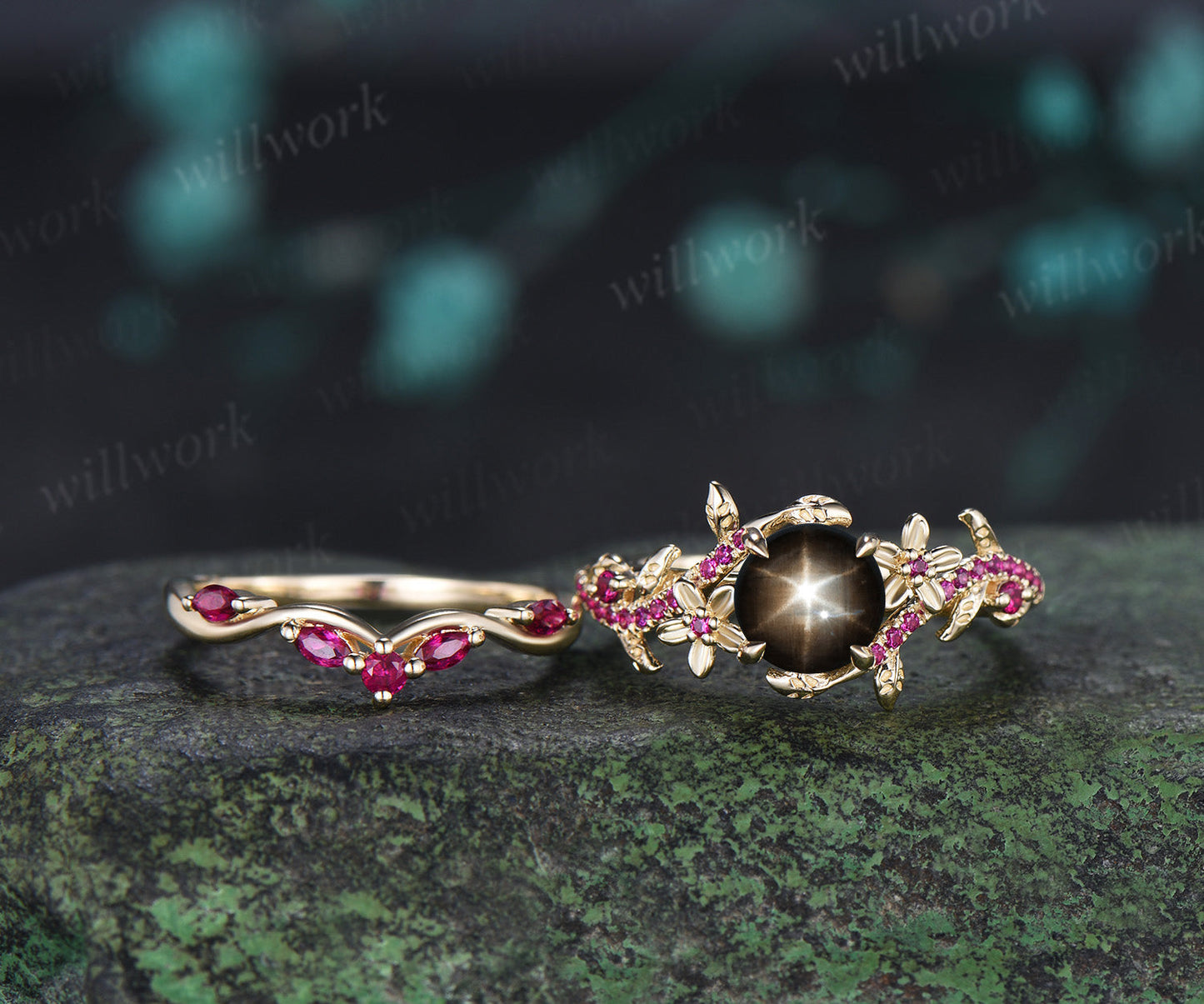 Round Black Star Sapphire Leaf Floral Engagement Ring SetRuby Half Eternity Ring Matching Band Nature Inspired Bridal Set