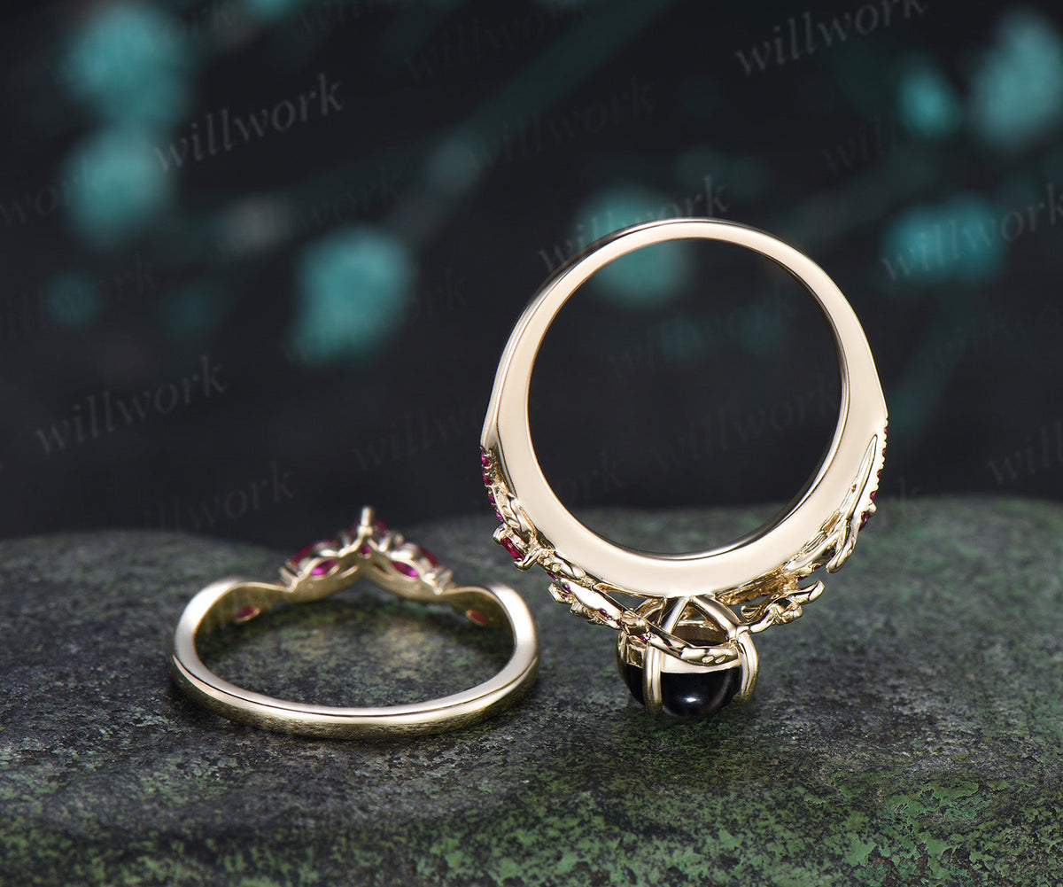 Round Black Star Sapphire Leaf Floral Engagement Ring SetRuby Half Eternity Ring Matching Band Nature Inspired Bridal Set