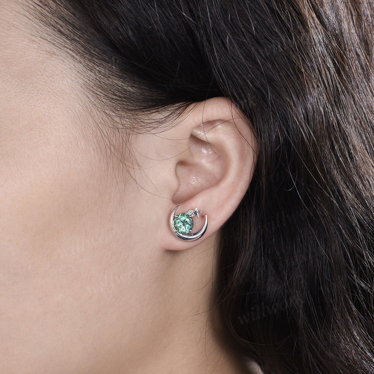 Round Green Sapphire Moon Star Stud Earrings Celestial Crescent Moon Gemstone Earrings Minimalist Jewelry