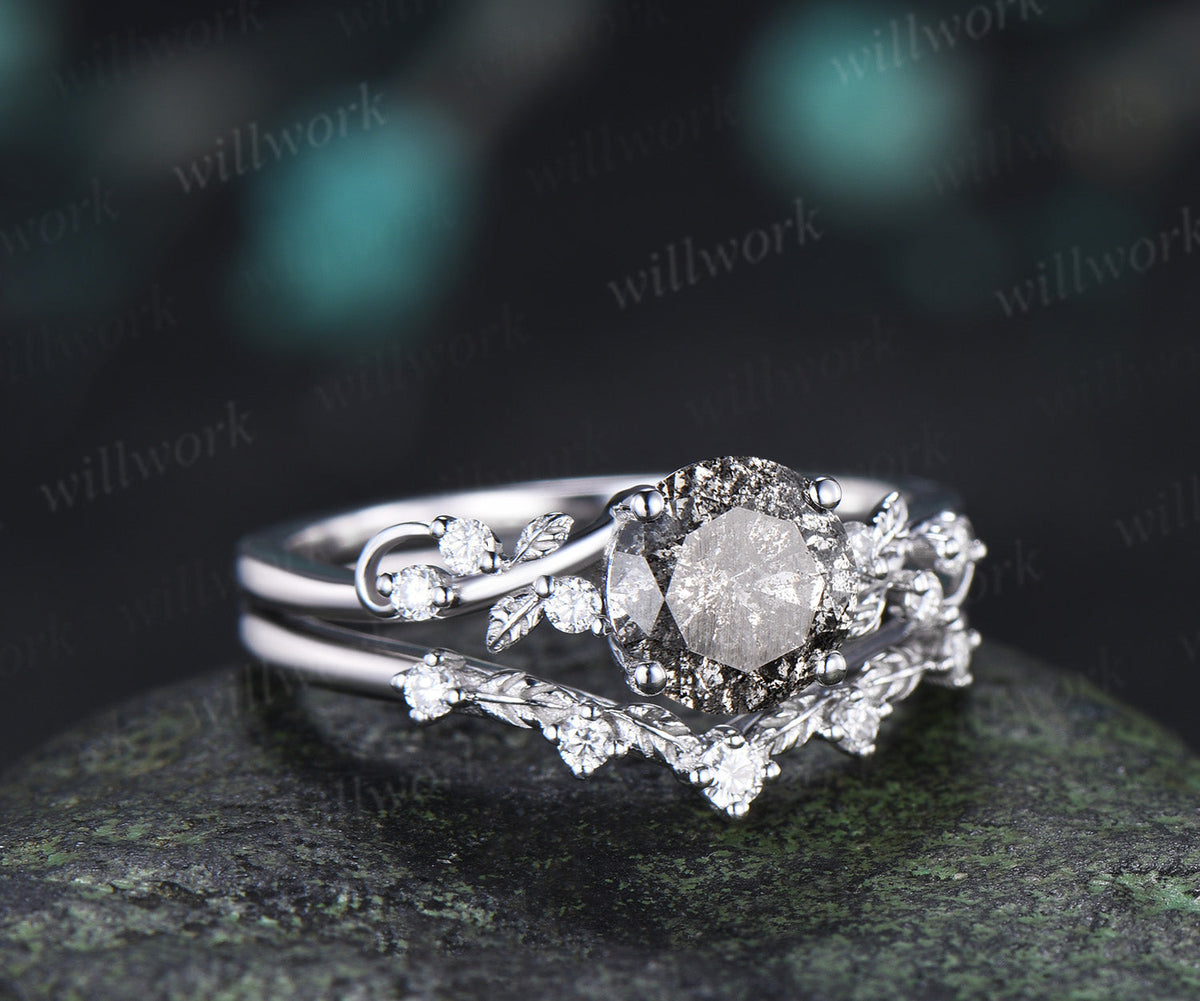 Natural Round Salt & Pepper Diamond Ring Set Leaf Vine Diamond Accent Promise Ring Curved Band Nature Inspired Bridal Set