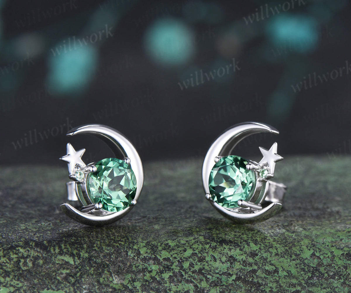 Round Green Sapphire Moon Star Stud Earrings Celestial Crescent Moon Gemstone Earrings Minimalist Jewelry