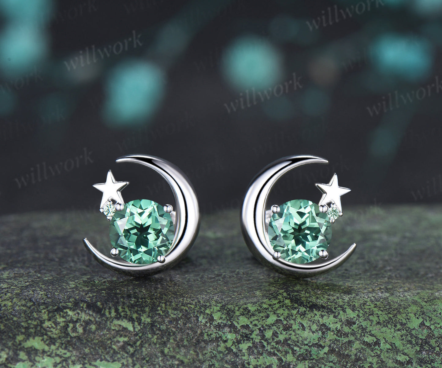 Round Green Sapphire Moon Star Stud Earrings Celestial Crescent Moon Gemstone Earrings Minimalist Jewelry