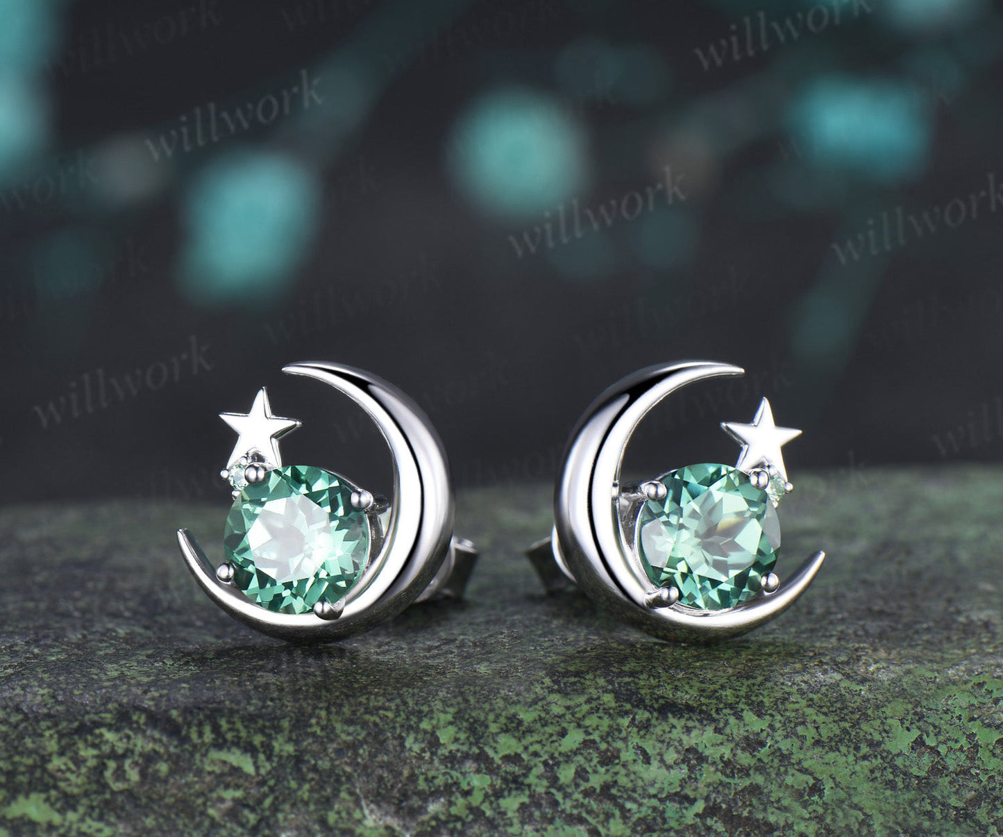 Round Green Sapphire Moon Star Stud Earrings Celestial Crescent Moon Gemstone Earrings Minimalist Jewelry