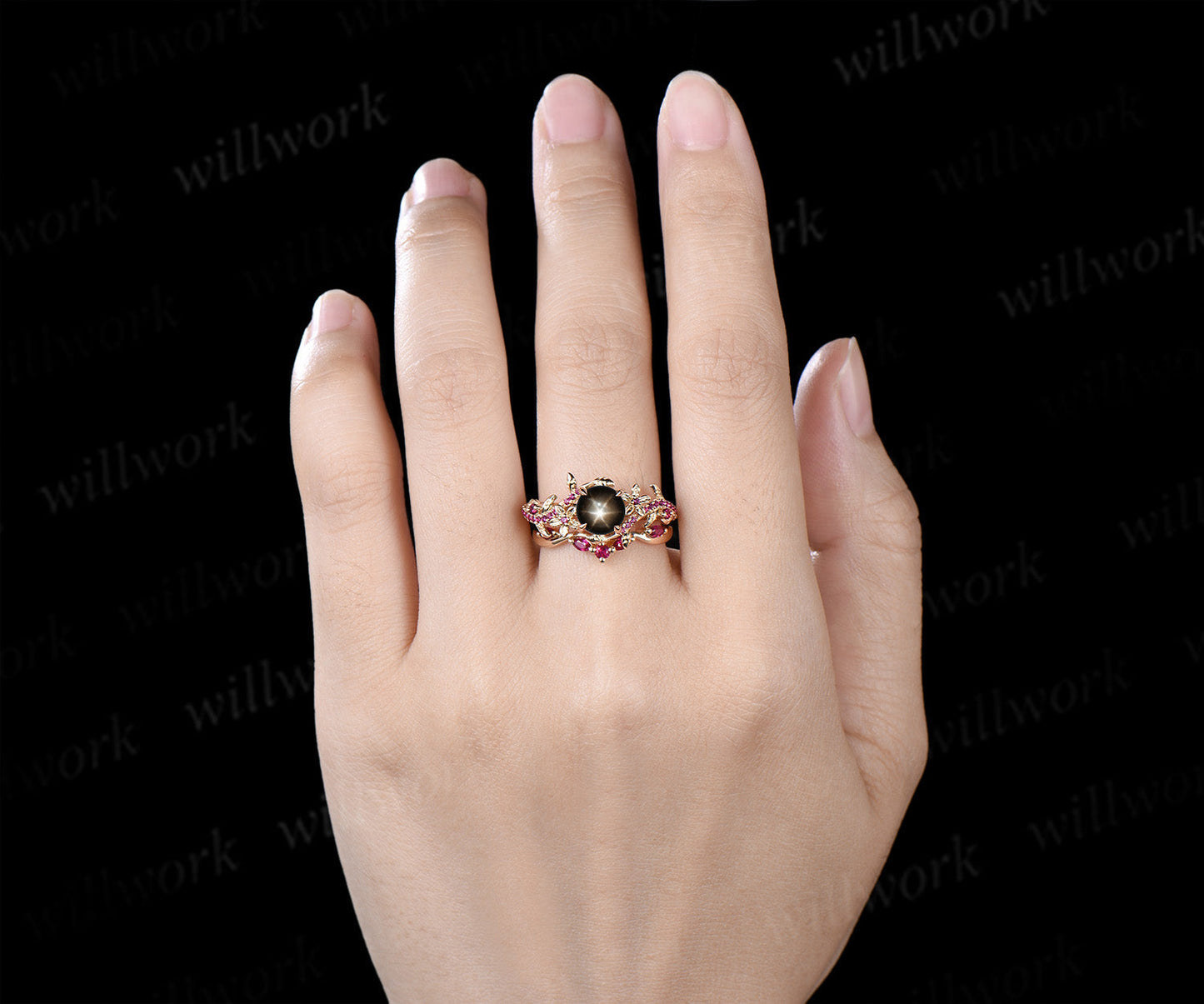 Round Black Star Sapphire Leaf Floral Engagement Ring SetRuby Half Eternity Ring Matching Band Nature Inspired Bridal Set