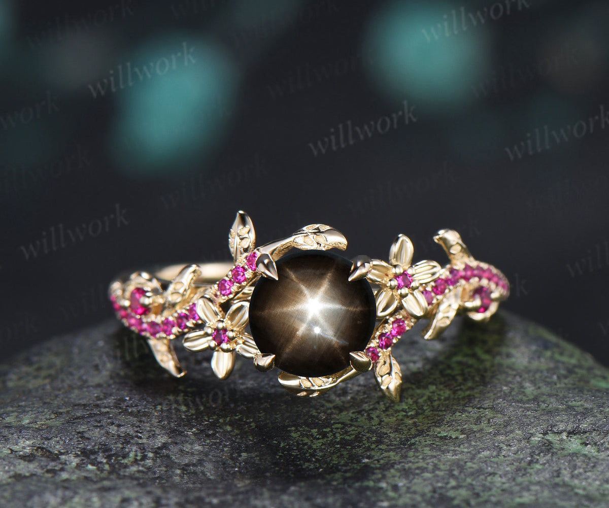 Round Black Star Sapphire Leaf Floral Engagement Ring SetRuby Half Eternity Ring Matching Band Nature Inspired Bridal Set