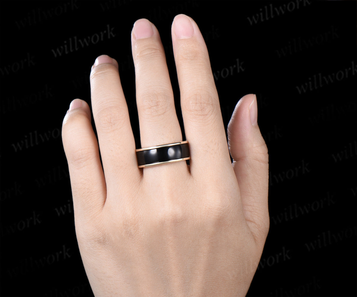 Unique Black Onyx Wedding Band for Men Black Onyx Inlay Ring Modern Men Half Eternity Ring