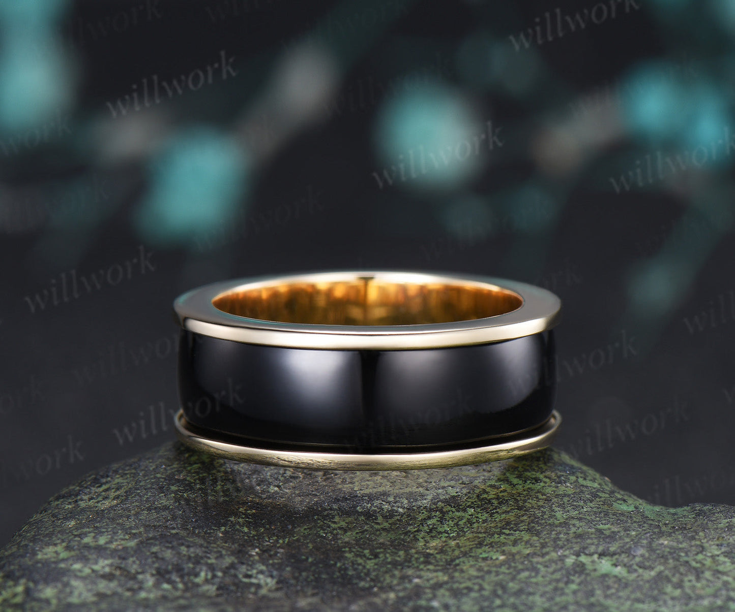 Unique Black Onyx Wedding Band for Men Black Onyx Inlay Ring Modern Men Half Eternity Ring