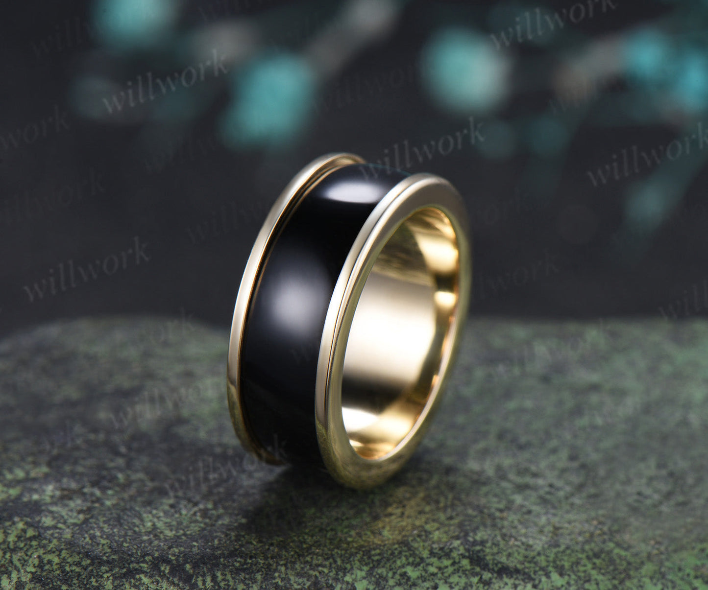 Unique Black Onyx Wedding Band for Men Black Onyx Inlay Ring Modern Men Half Eternity Ring