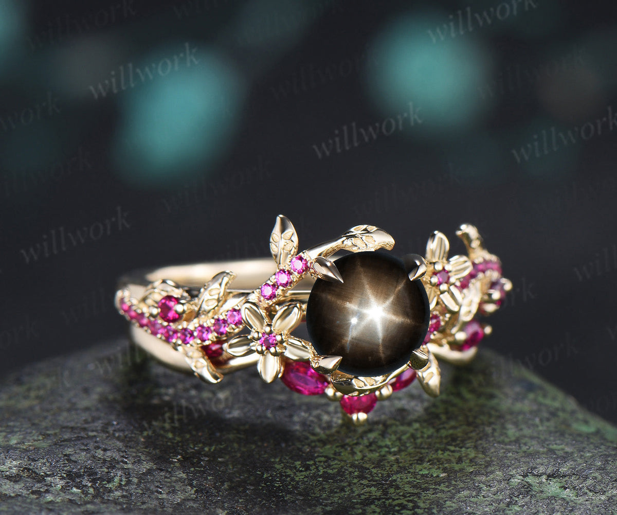 Round Black Star Sapphire Leaf Floral Engagement Ring SetRuby Half Eternity Ring Matching Band Nature Inspired Bridal Set