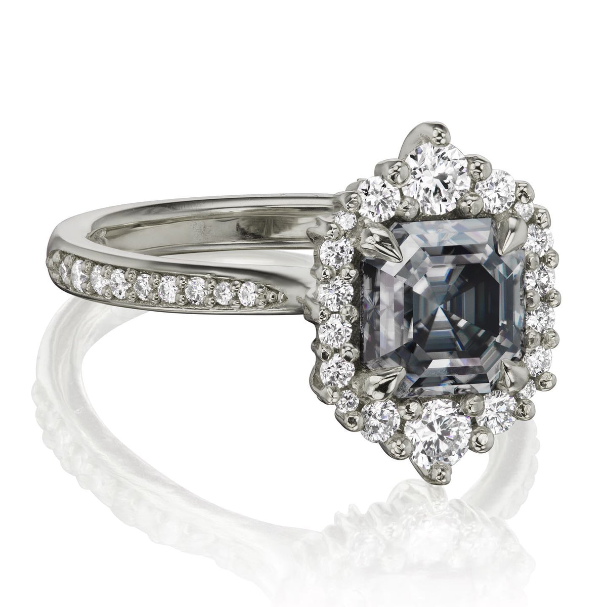 ・ROSALIND・Asscher Iconic™ Grey Moissanite Center, Diamond Halo (1.63ctw+)
