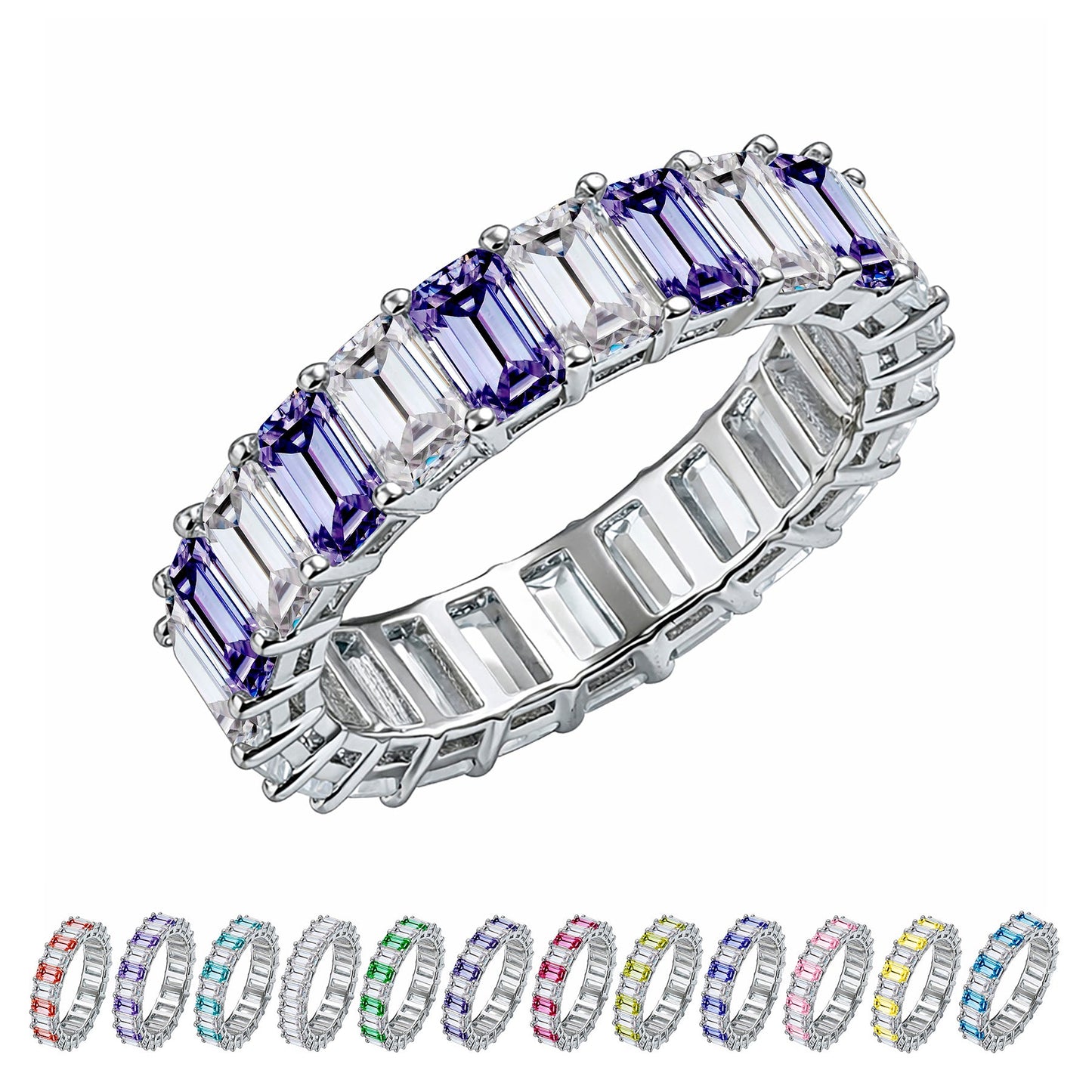 10 Carat Emerald Cut Birthstone - Multicolor Eternity Wedding Band