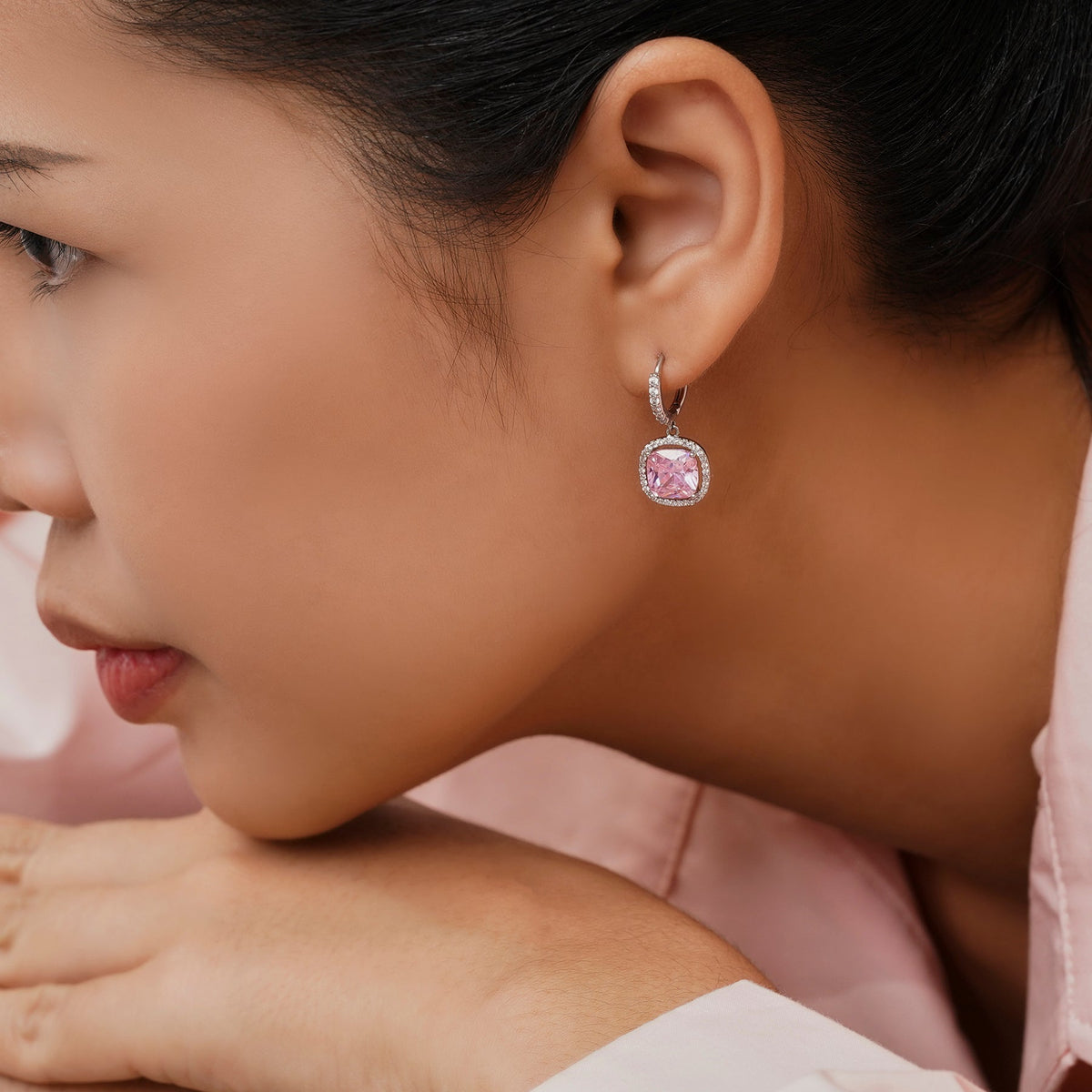 Romantic Pink Cushion Drop Hoop Earrings – Elegant Dangle Jewelry