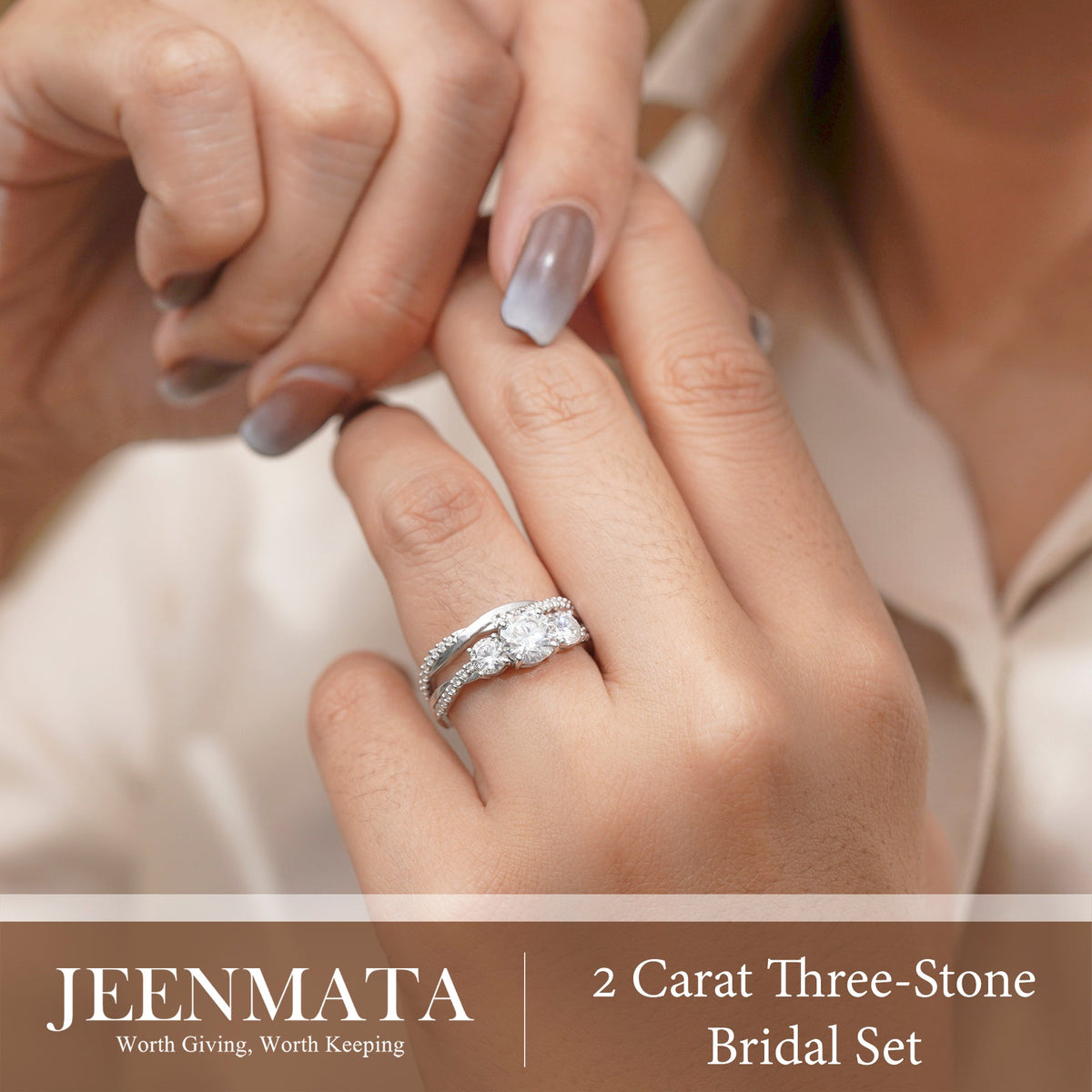 2 Carat Lab Grown Diamond Bridal Ring Set for Women, Round Cut 3 Stone Engagement Ring with Matching Wedding Band, 18K White Gold Plated Silver