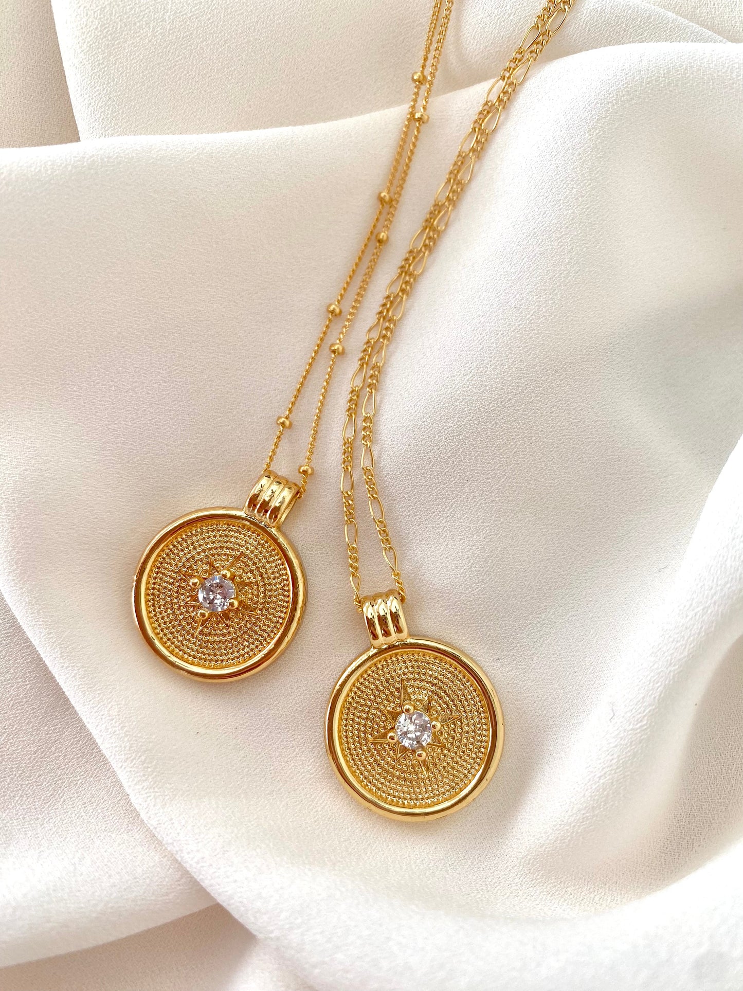 Gold Coin Necklace with CZ Crystal Charm Gold Filled Medallion Necklace Dainty Paperclip Figaro Chain Minimalist Layering Necklace Gift Idea