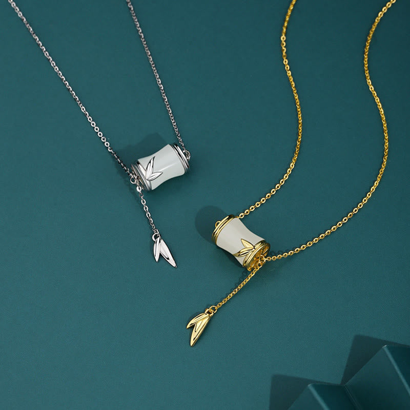 Fortune Jewel 925 Sterling Silver 22K Gold Hetian White Jade Bamboo Leaf Luck Necklace Pendant Bracelet