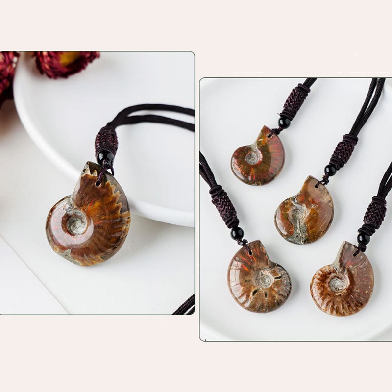 Fortune Jewel Natural Ammonite Fossil Snail Pattern Meditation Healing Necklace Pendant