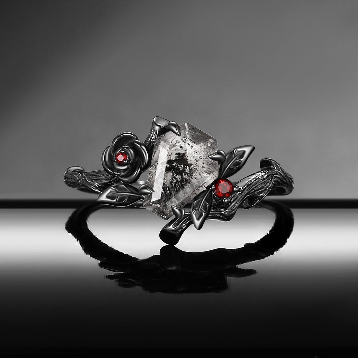 Gothic Style Coffin Cut Herkimer Diamond Nature Inspired 'Thorns & Roses' Engagement Ring