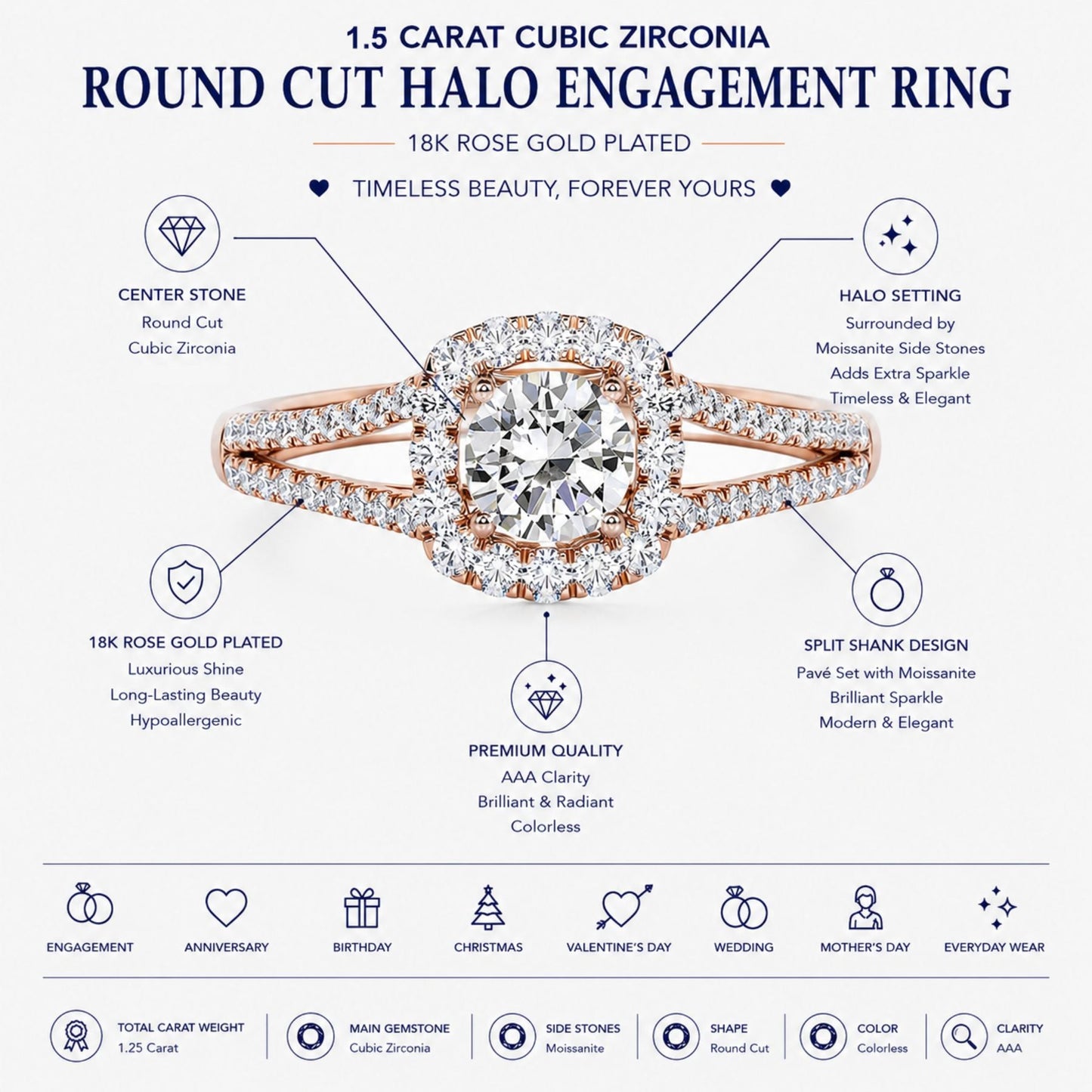 1.50 Carat Round Cut Halo Engagement Ring for Women, Cubic Zirconia Ring with Moissanite Side Stones, Twisted Split Band, 18K Rose Gold Plated Anniversary Promise Ring