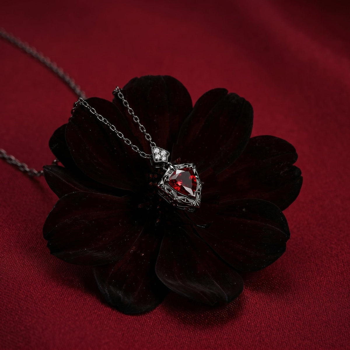 Unique Gothic Style Shield Cut Garnet 'Fallen Aegis' Filigree Necklace