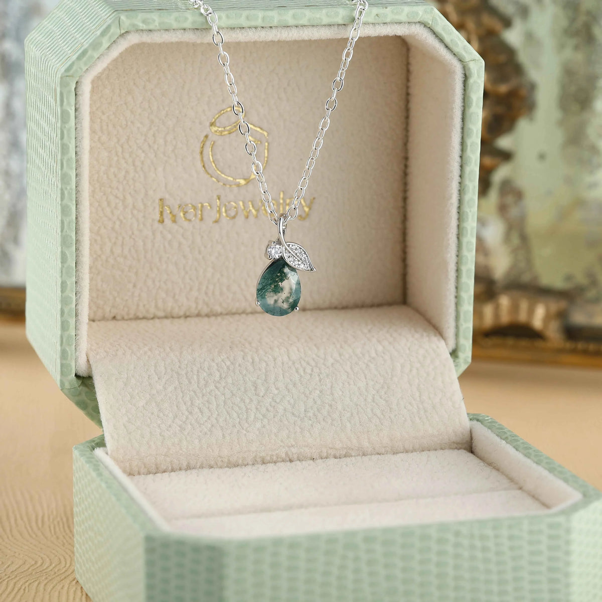 Nature Inspired Pear Cut Moss Agate Leafy Pendant