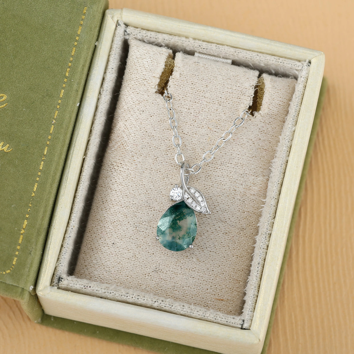 Nature Inspired Pear Cut Moss Agate Leafy Pendant - Ready to Ship