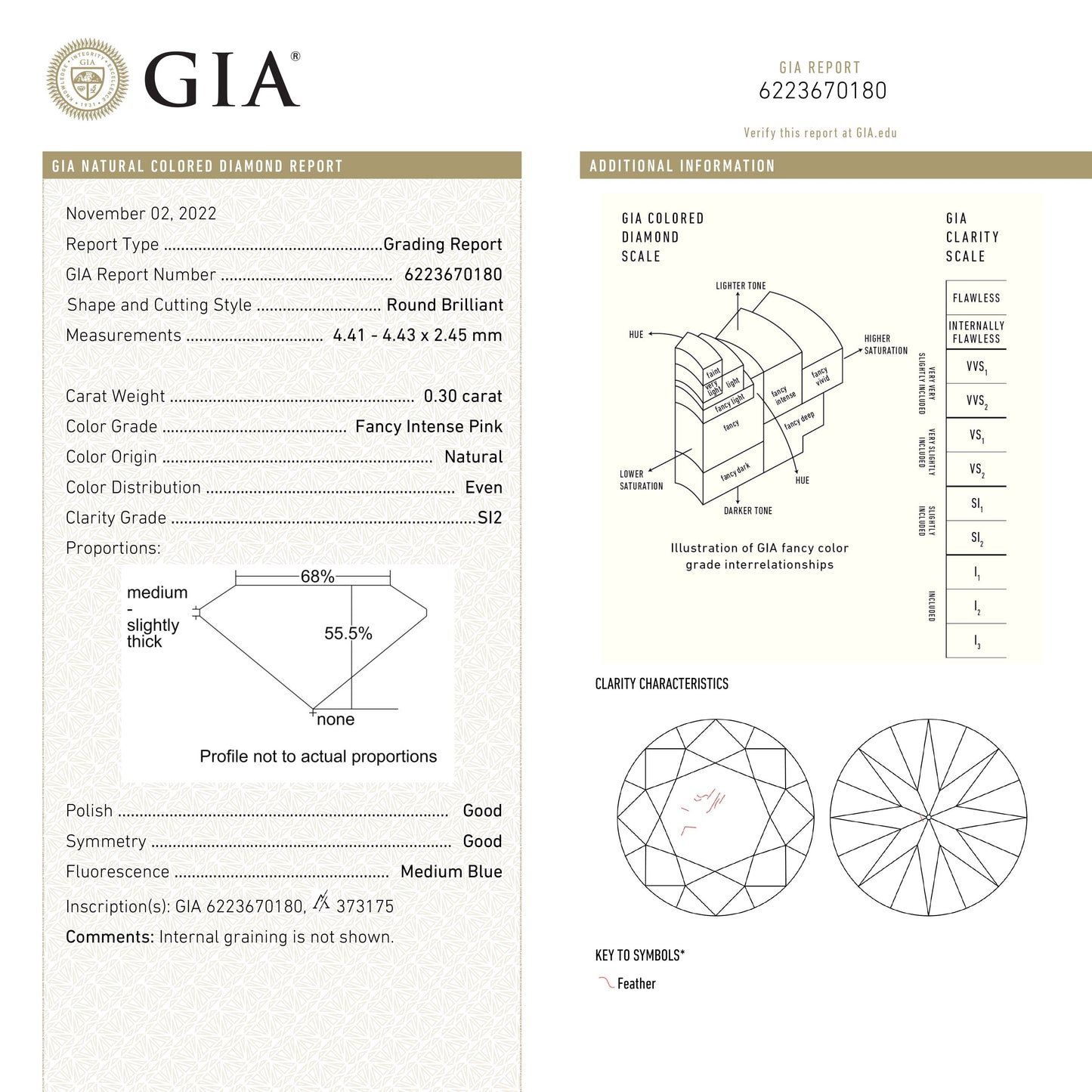 0.30ct 4.43x4.41x2.45mm GIA SI2 Fancy Intense Pink Round Brilliant 24144-01