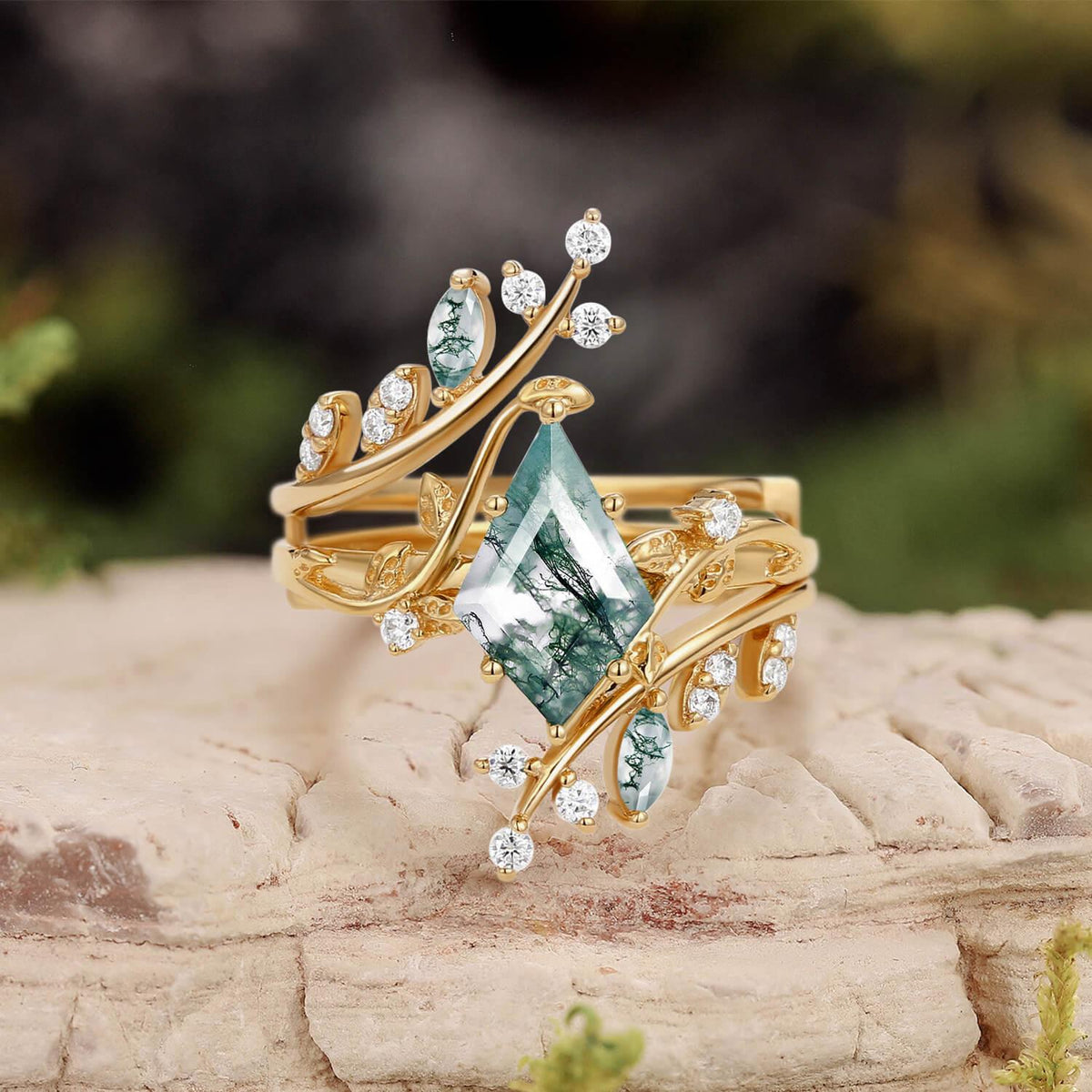 Elara’s Bower | Kite Cut Moss Agate Cage Leafy Bridal Set 2pcs