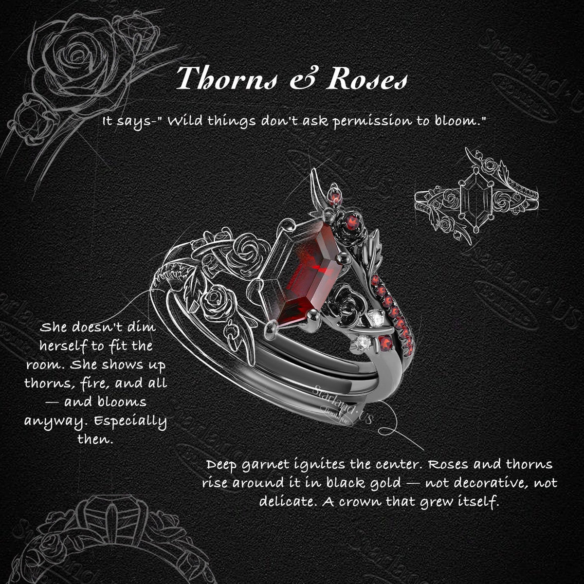 Gothic Long Hexagon Garnet 'Thorns & Roses' Cluster Black Gold Engagement Ring Bridal Set 2pcs
