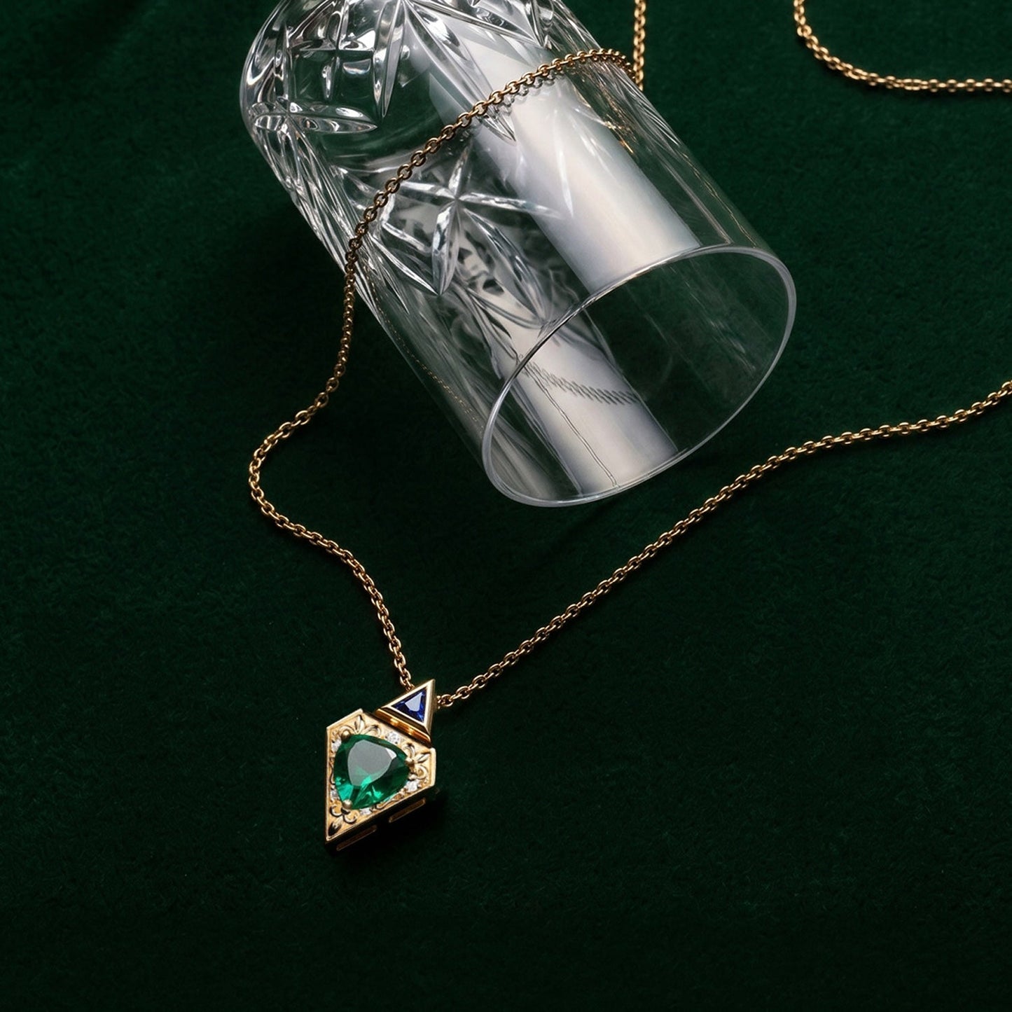 Vintage Inspired Triangle Cut Lab Emerald 'Fallen Aegis' Filigree Gold Necklace