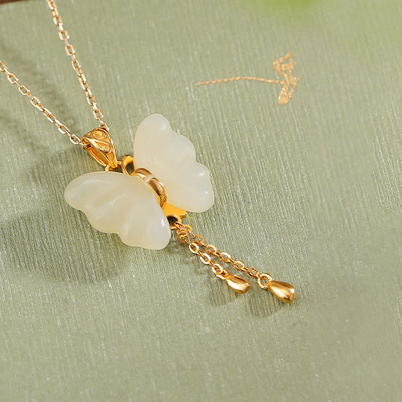 Fortune Jewel 925 Sterling Silver Plated Gold Hetian White Jade Butterfly Blessing Necklace Pendant
