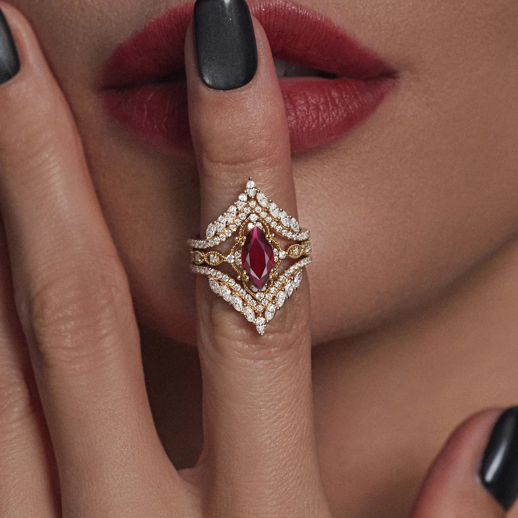 Vintage Style Marquise Cut Natural Ruby Cage Ring 2pcs
