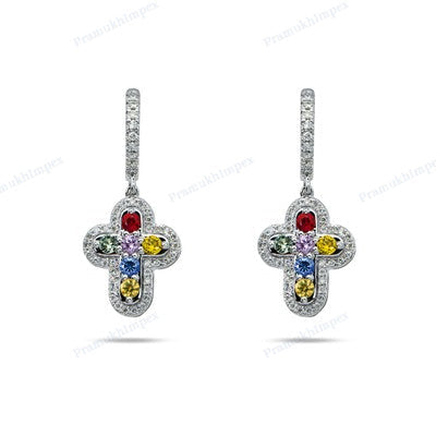 Multi color Diamond 925 Sterling Silver Cross Design Earrings