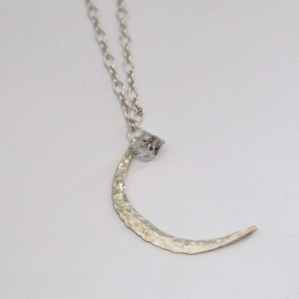 Sterling Silver Medium Hammered Moon Necklace with Quartz Gemstone