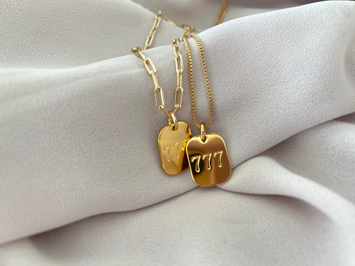 Gold Filled 777 Pendant Necklace Chunky Box Chain Thick Paperclip Necklace Religious Pendant Angel Necklace Numbers Charm Meaningful Gifts