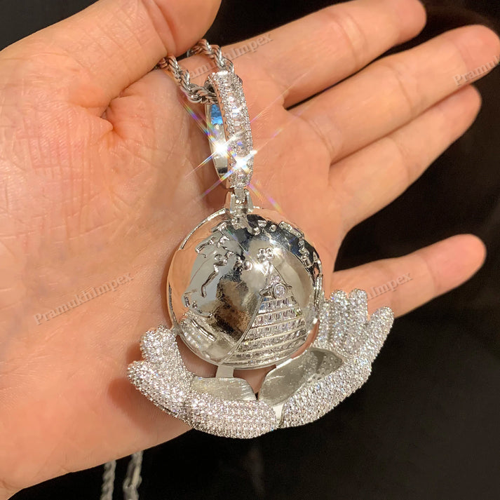 Moissanite Sterling Silver Hand Holding World Pyramid Baguette Pendant