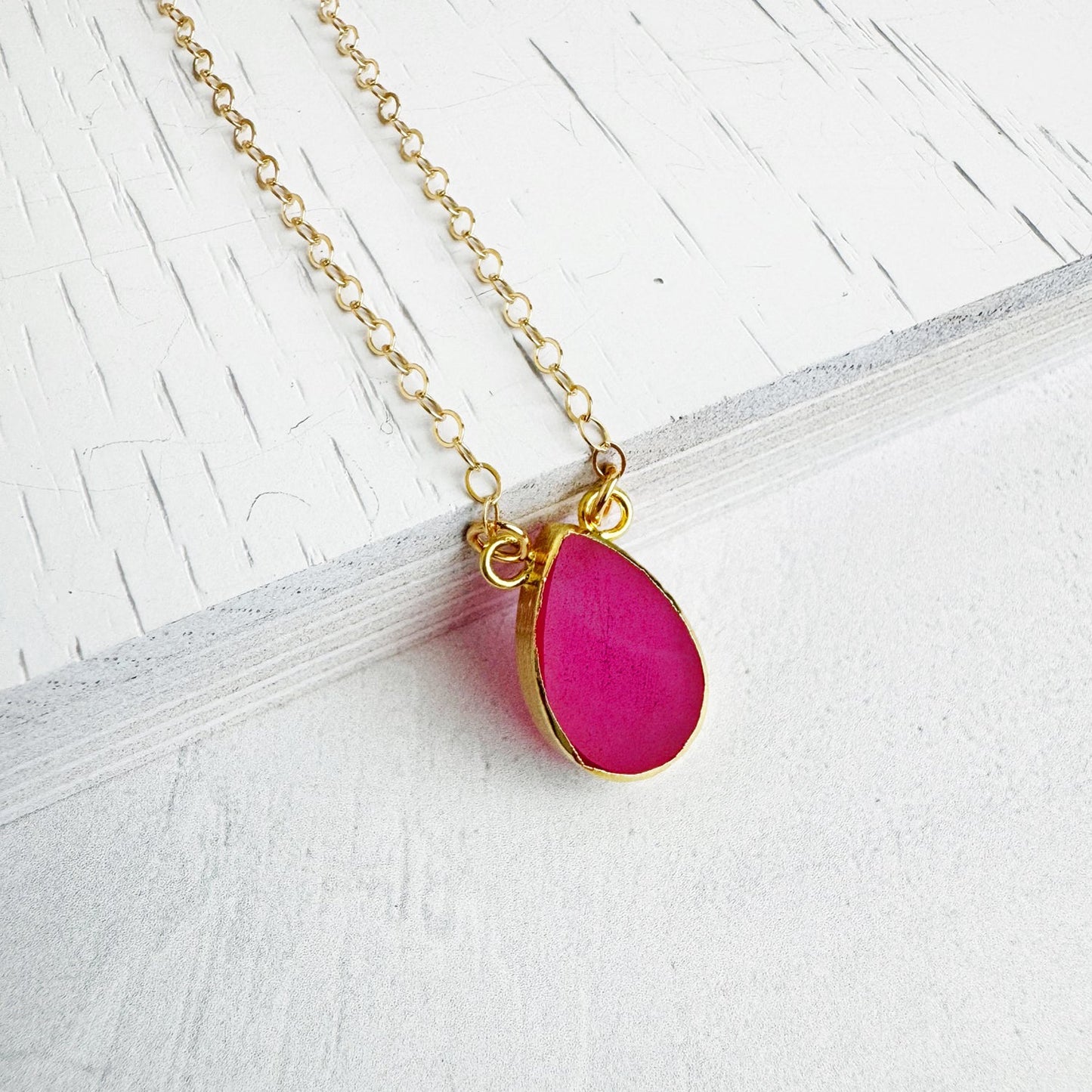 Fuchsia Chalcedony Teardrop Necklace in 14k Gold Filled and Sterling Silver
