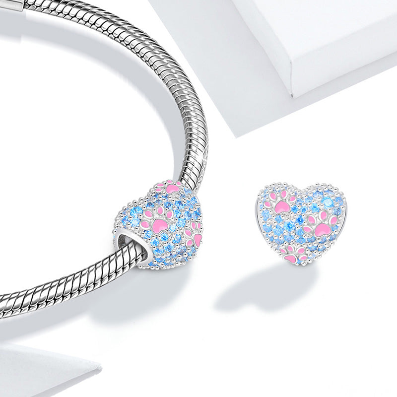 Paws Print Heart Charm Bead Platinum-plated Silver Blend