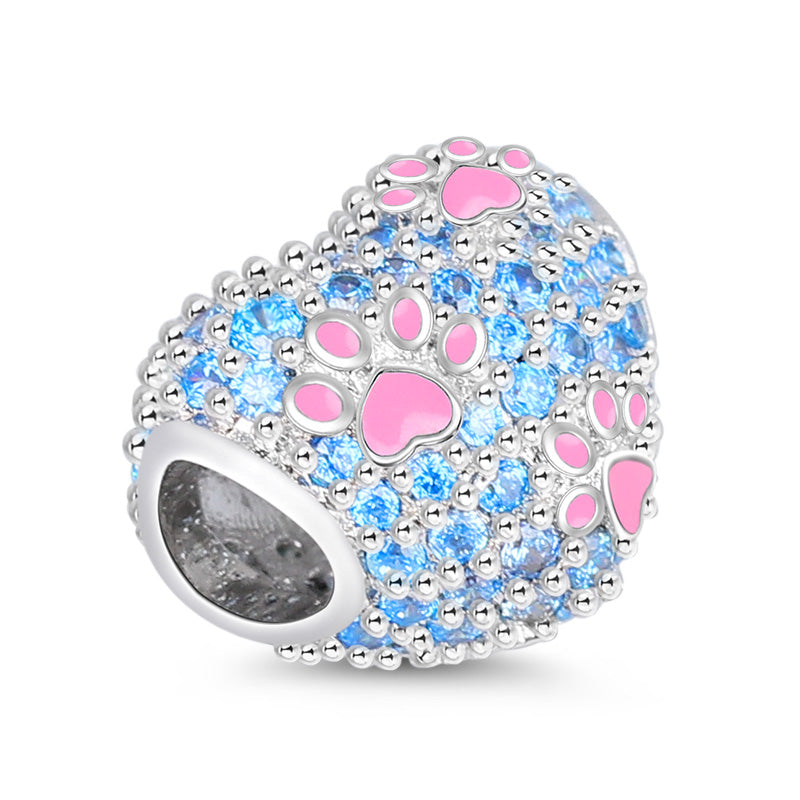 Paws Print Heart Charm Bead Platinum-plated Silver Blend